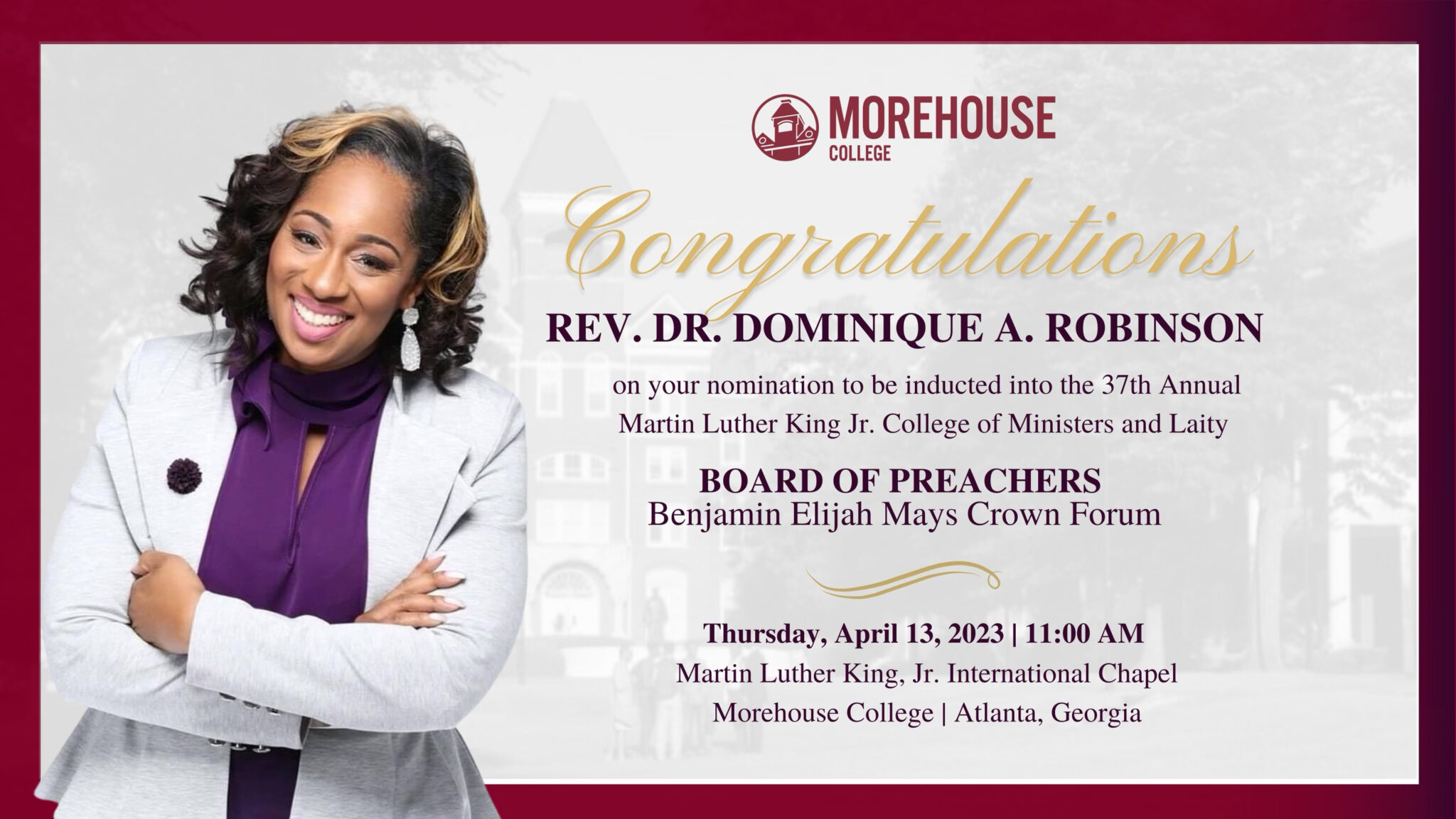 Rev. Dr. Dominique Robinson to be inaugurated into the Morehouse